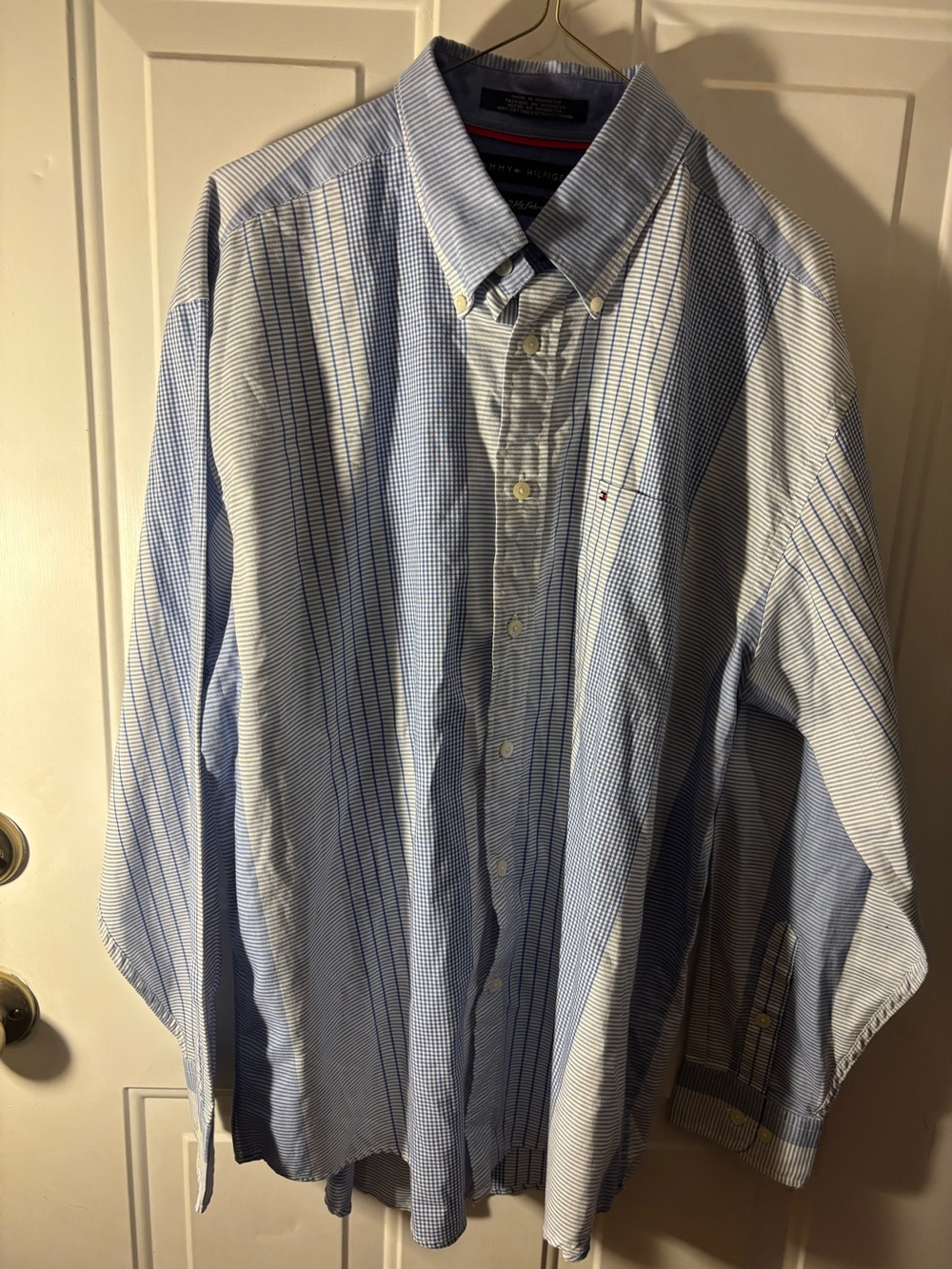 Tommy Hilfiger 80s 2-Ply Fabric Size Large Blue White Check Stripe Button Down S